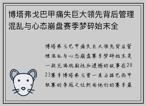 博塔弗戈巴甲痛失巨大领先背后管理混乱与心态崩盘赛季梦碎始末全
